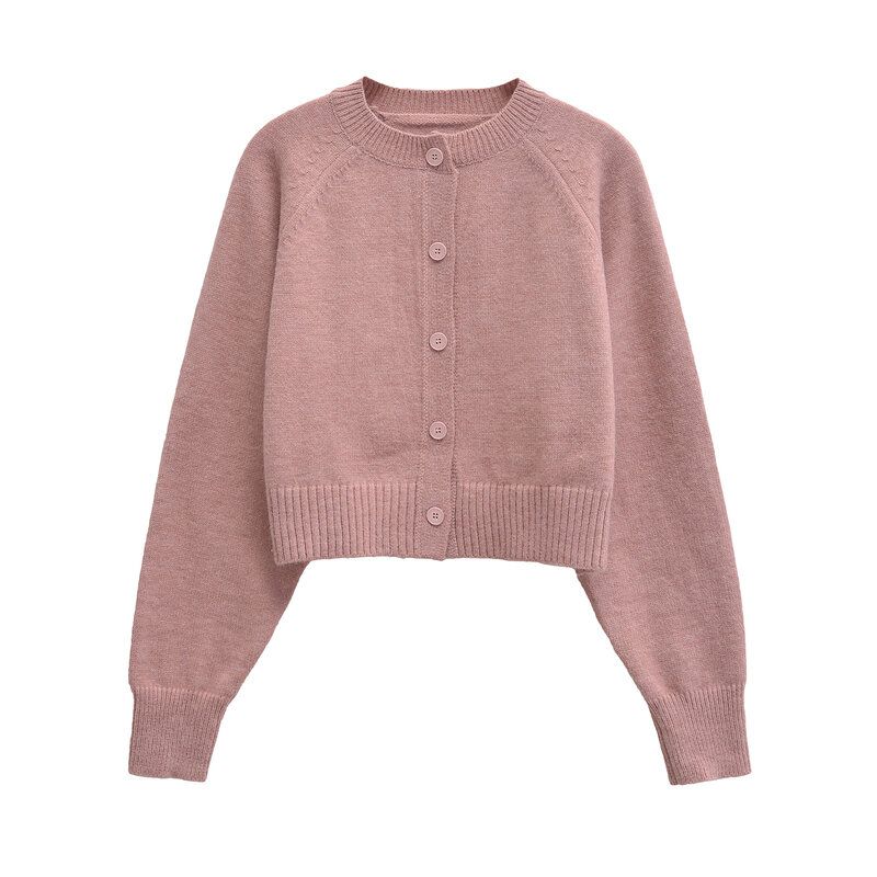 Fashion Style 2024 Autumn Women's New Short Slim Looking Easiest for Match round Neck Wool Cardigan Pink Outwear 1244418003