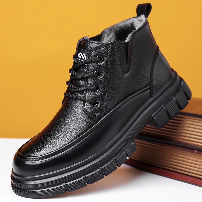 

Men s soft elastic leather leather waterproof winter warm cold padded snow boots thick bottom non-slip wear outdoor leisure sports Martin cotton boots 44