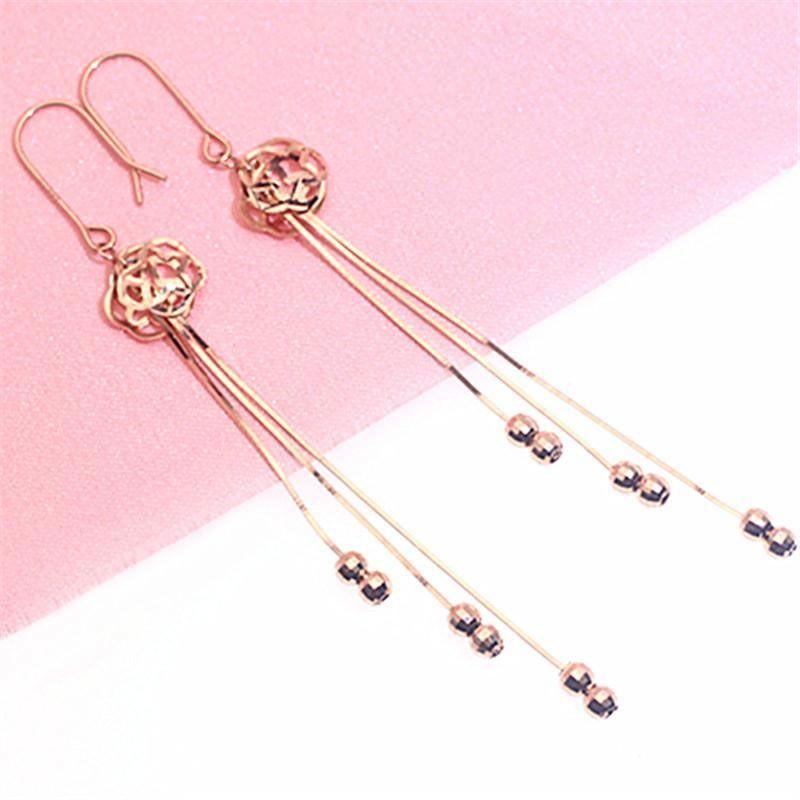 Exquisite Russian Purple Gold Hollow Flower Fringed Long Fashion Versatile Transfer Bead Plated Rose Gold Colored Gold Earrings
