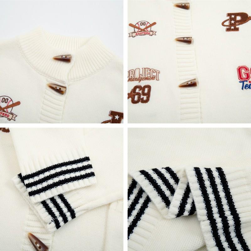 American Vintage Baseball Patch Embroidered Horn Button Knit Cardigan Unisex Stand Collar Sweater Jacket