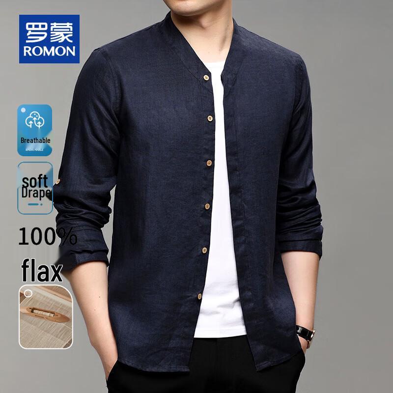 ROMON Men's Chinese Style 100% Linen Long Sleeve Stand Collar Shirt