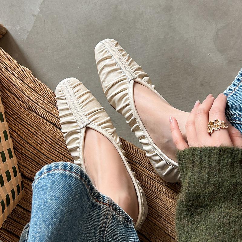 Fashion 2025 New Spring Women Flats Genuine Leather Shoes for Women Fashion Shallow Square Toe Women Pleated Ladies Shoes