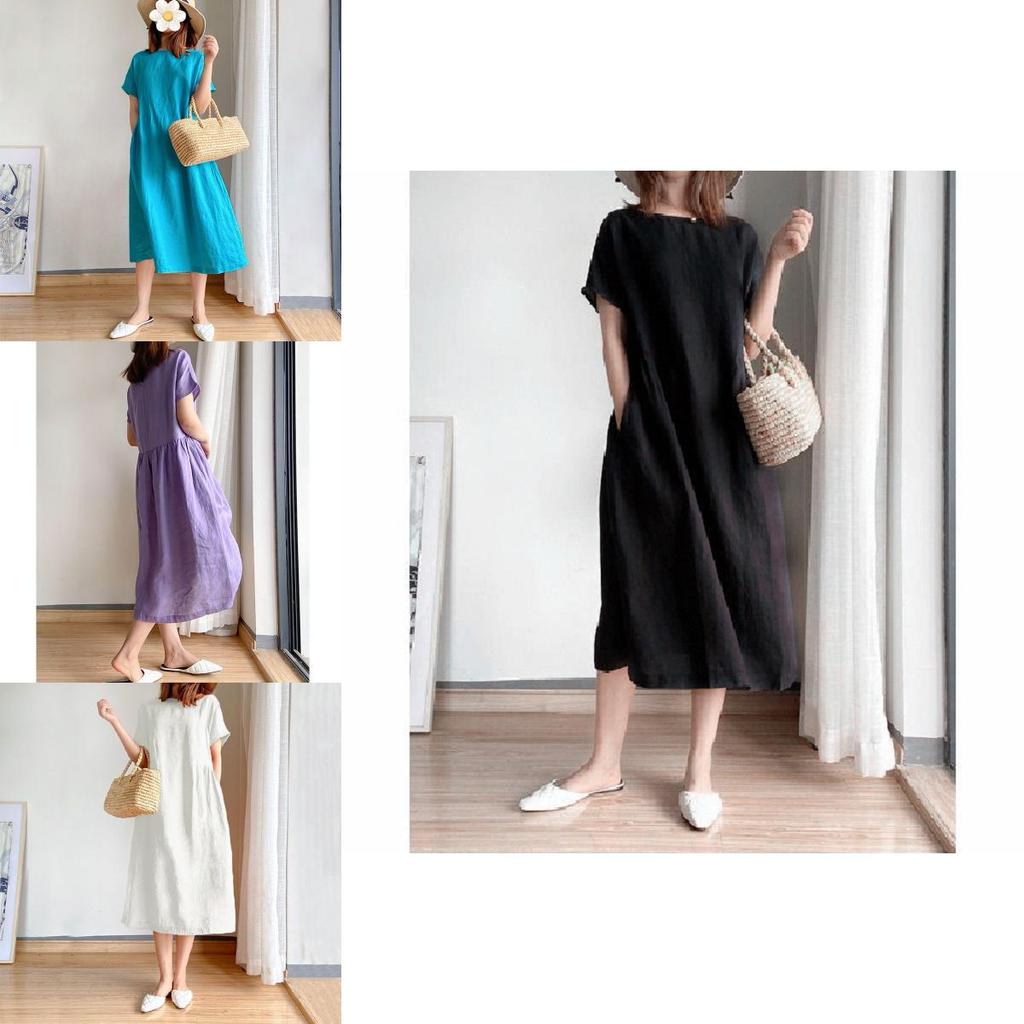 Luxurious Cotton Loose And Thin Dress For Women With Short Sleeves And Round Neck