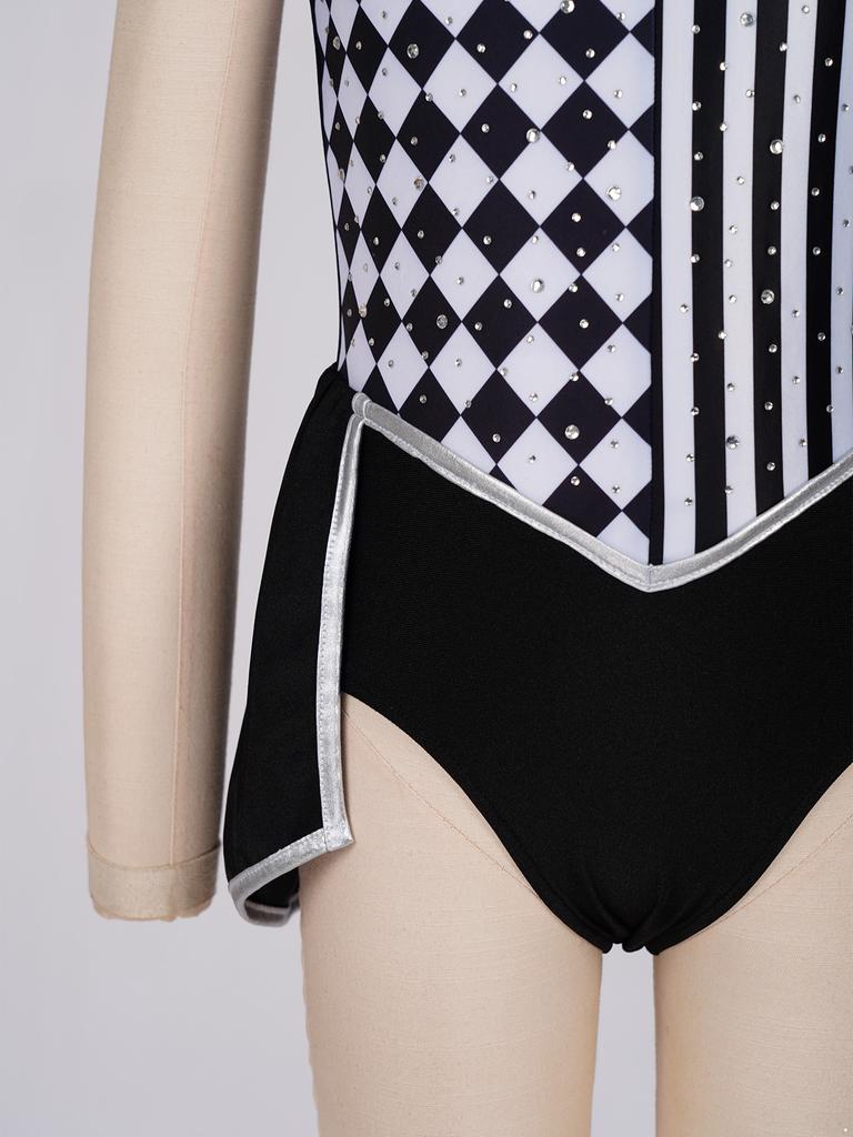 Girls Clown Cosplay Bodysuit Rhombus Patchwork Ruffled Sleeves Mock Neck Back Zip for Circus Halloween Masquerade Performance