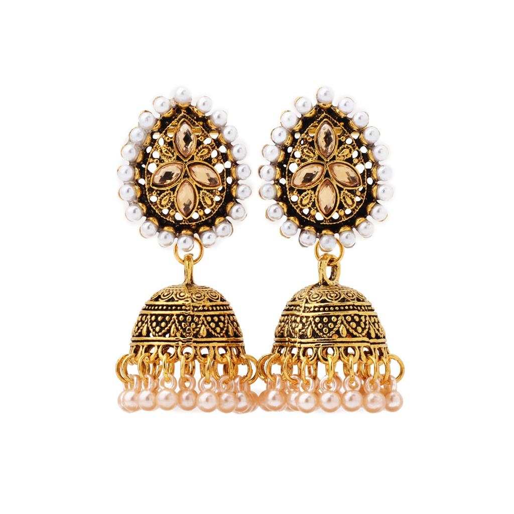 Explosive Earrings, European and American Style Engraved Water Drop Bells, Earrings, Temperament Earrings, Ethnic Style Imitation Pearl Earrings