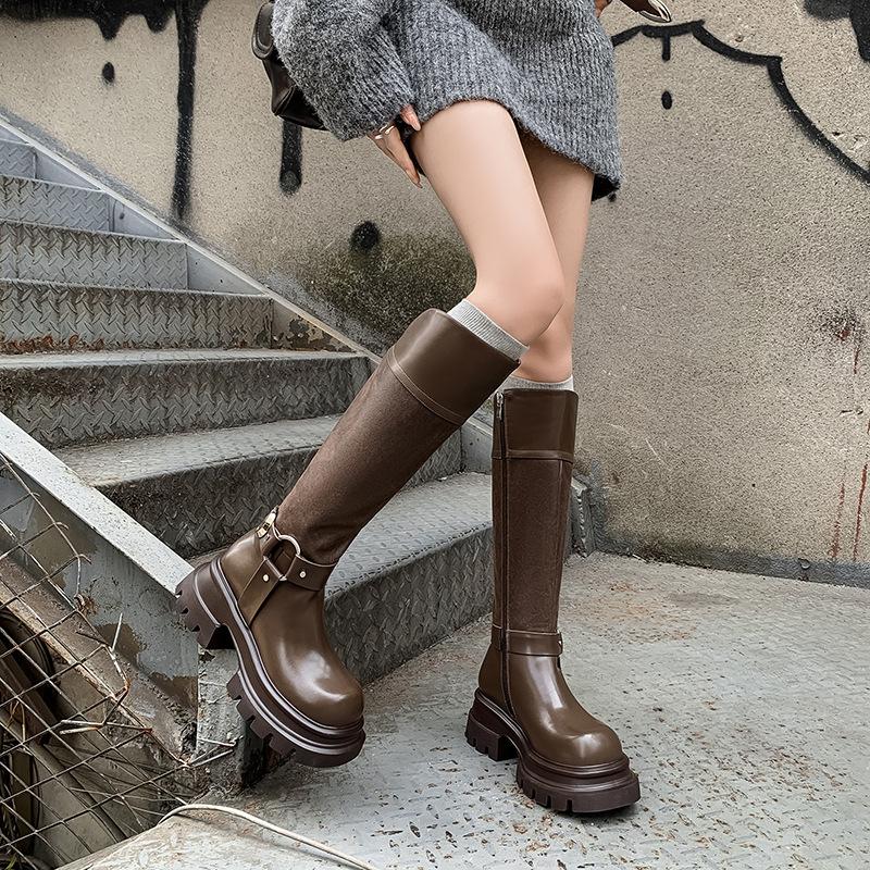 6CM British style fashion thick-soled high boots 2025 autumn and winter new round head thick heel but knee knight boots