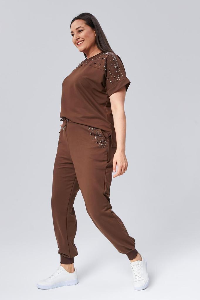 Set de trening de marime mari la moda pentru dama Set de trening de vara verde cu maneca scurta, detaliat cu piatra si margele