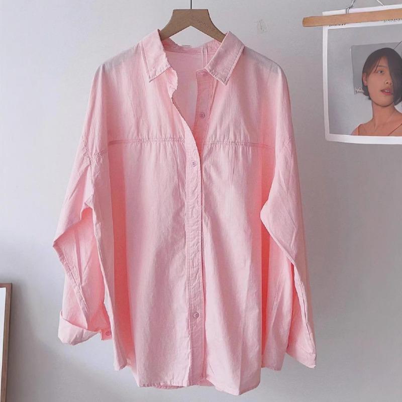 New Cotton Shirt Women Large Size Long Sleeved Loose Long Shirts Jacket Lapel Sweet Office Spring Autumn Blouse Simple Casual Tops Basic Clothing