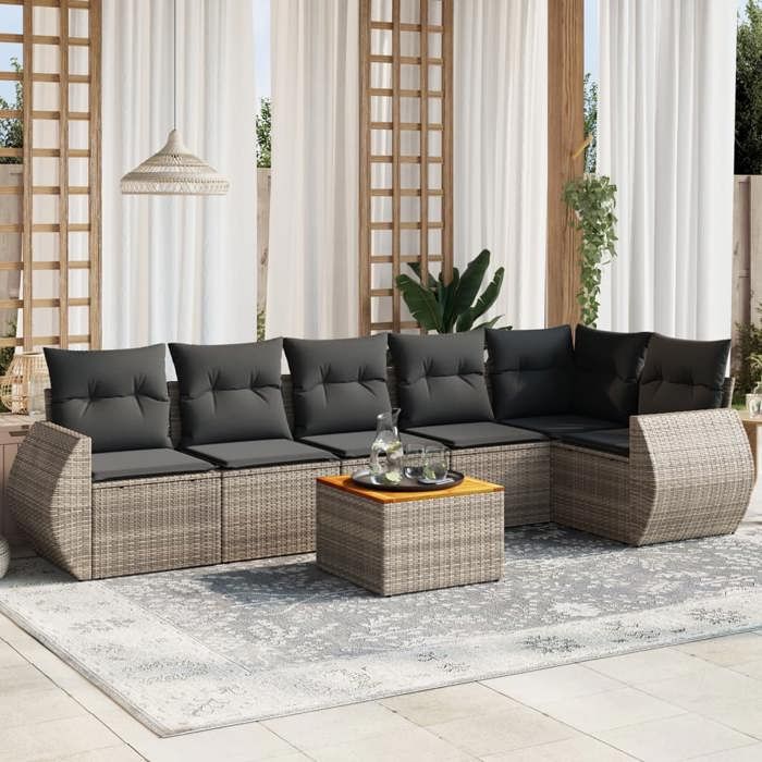 VidaXL Salon de Jardin avec Coussins 7 pcs, Canapés de Terrasse, Ensemble de Meubles de Patio, Mobilier d'Extérieur, Gris 3225017