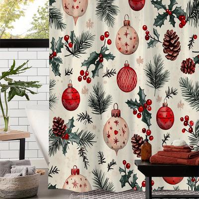 Open Eén Rode Vrucht Dennenappel Kerstbal Winter Kerstprint Douchegordijn, Raamgordijn met Gordijn voor Ramen