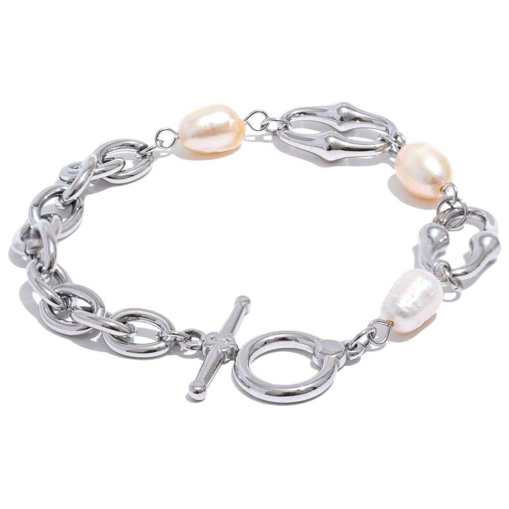 

Yhpup 316l Stainless Steel Natural Pearl Chain Toggle-Clasps Bracelet Bangle for Women Elegant Fashion Jewelry Bijoux Waterproof