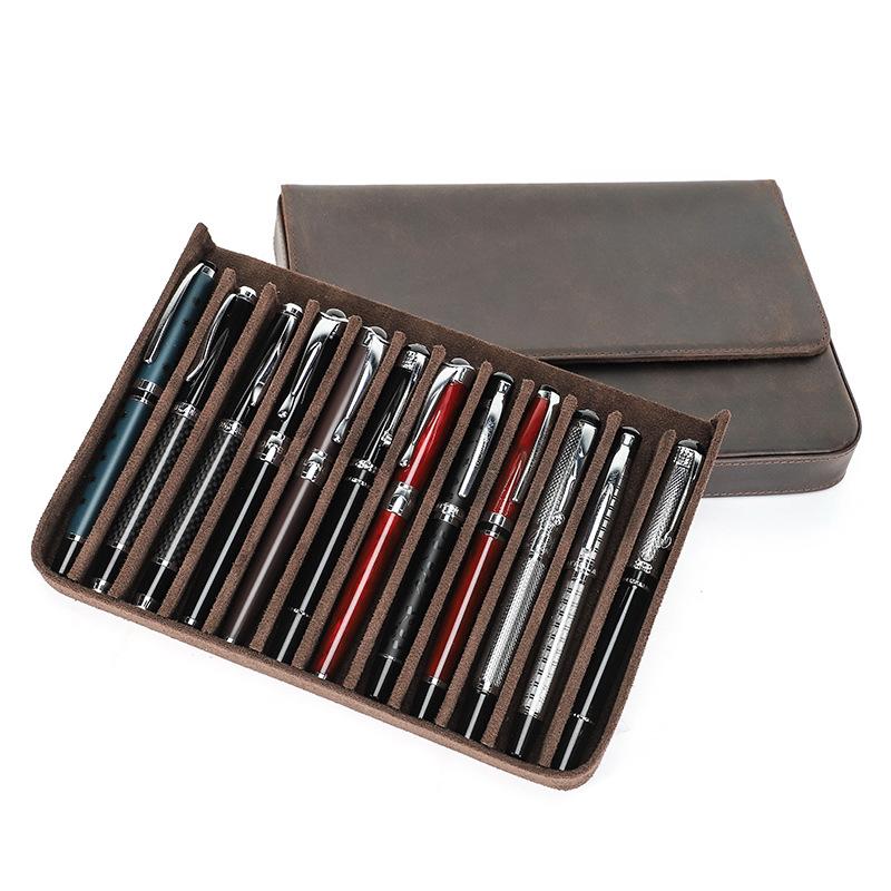 Crazy Horse Leather Pencil Case 12 Packs Handmade Magnetic Drawer Type Student Office Pen Storage Case