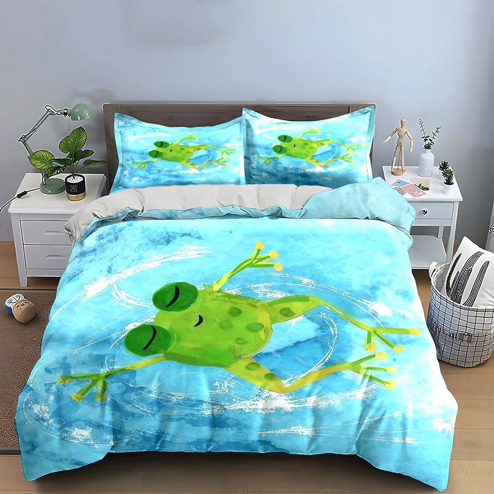 Swimming Frog Art Set Soft Comfortable Duvet Cover Bedding Set Included 1*Duvet Cover & 2*Pillowcases, Gift