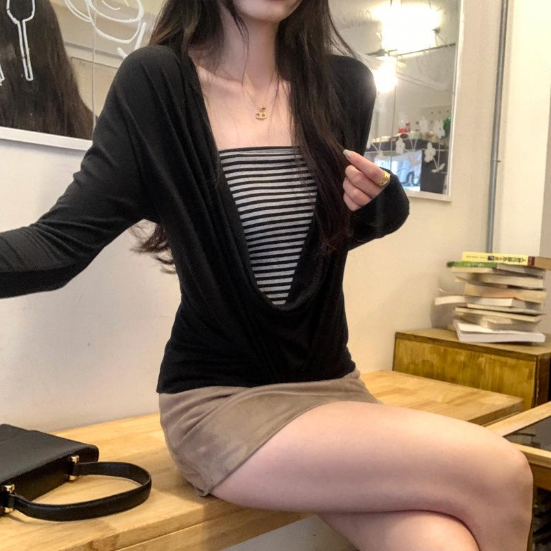 

Women s Tencel Lyocell Wool Striped Long Sleeve Swing Neck T-shirt - Slimming and Stylish Spring 2026 Arrival Small чёрный