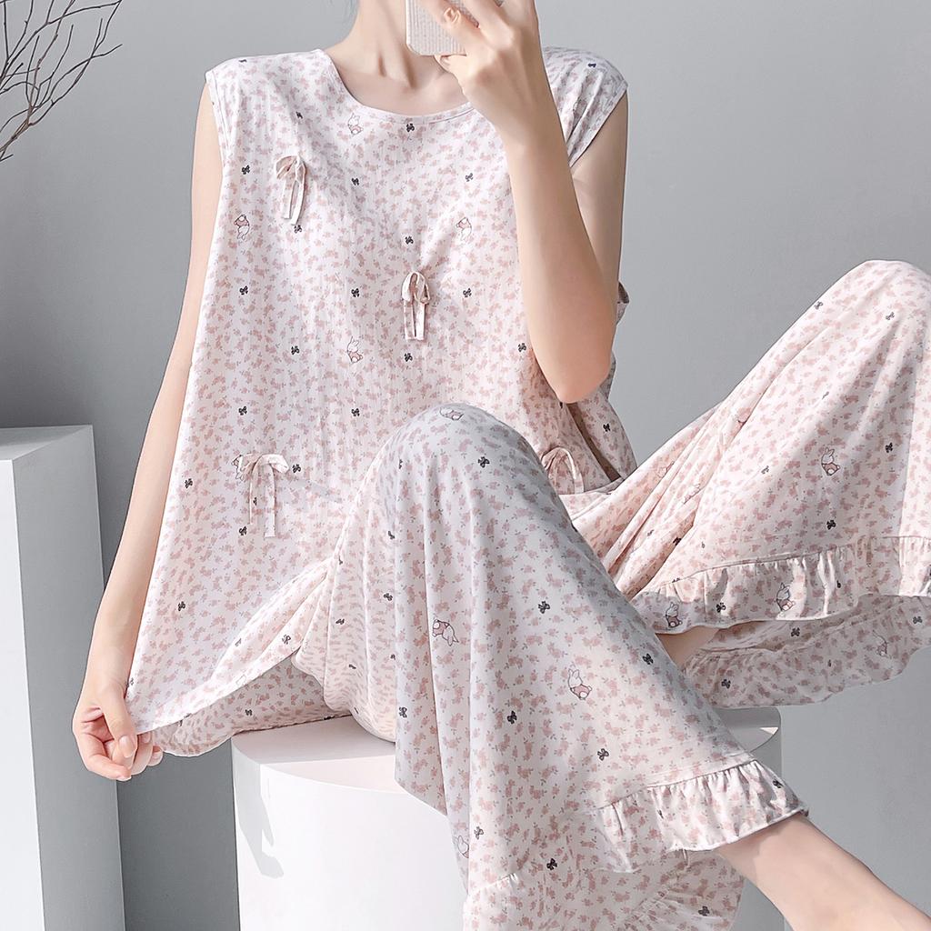 1011 new pajamas with chest pads women's summer sleeveless printing high-end loungewear anti-bumping cotton and silk suit thin