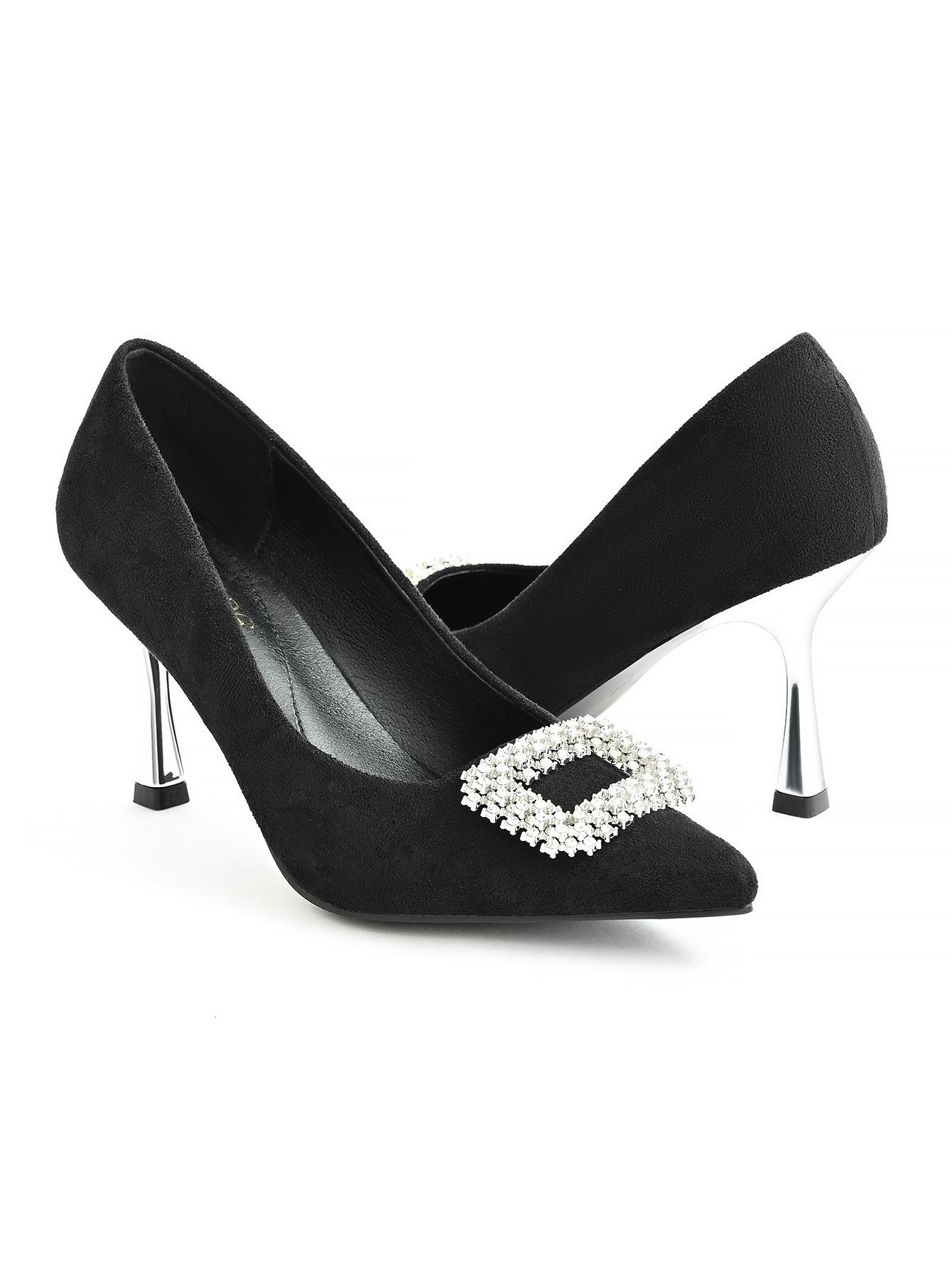 2026 Spring Women s Rhinestone Pointed Low-Cut Silver Stiletto Heels 39 чёрный