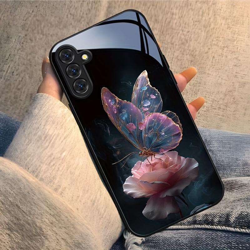 The Butterfly Glass Phone Case On the Pink Rose Is Suitable for Samsung Galaxy S26 S25 S24 S22 S21 S20 FE/Ultra/Plus Anti Drop
