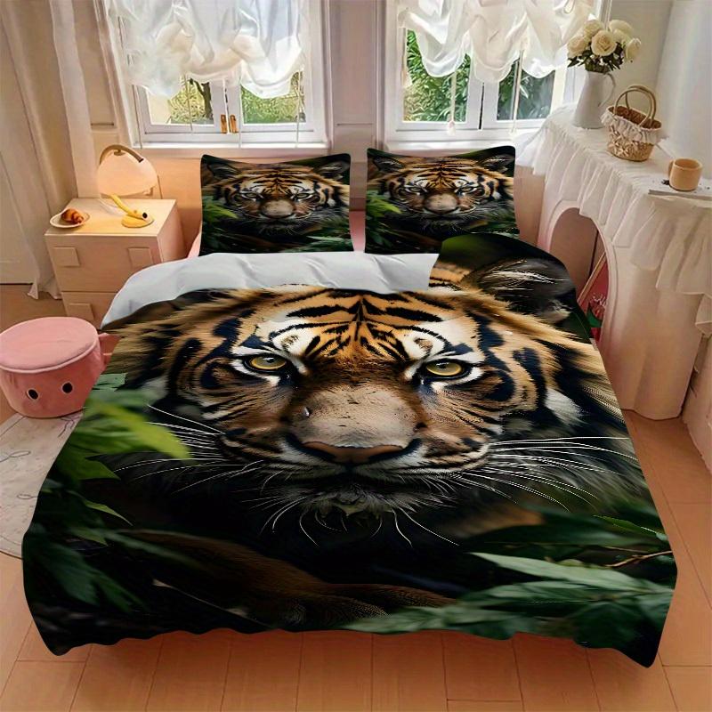 3Pcs Tiger Print Printed Bedding Set, Breathable And Soft, Machine Washable, Christmas Gift, Suitable for Bedroom Decoration, 15181