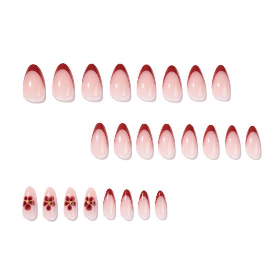 24Pcs Almond Press on Women Red Nails for French