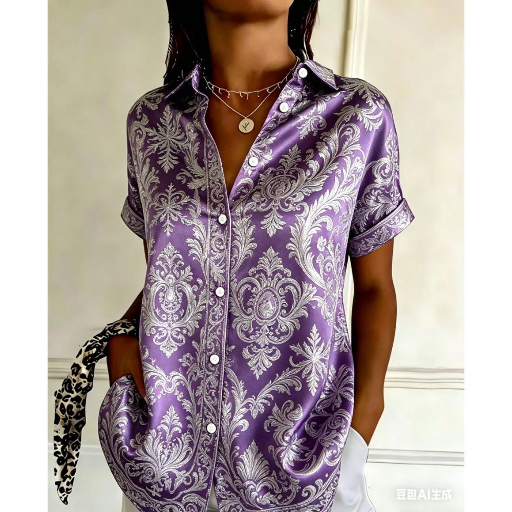 Women's Retro Geometric Striped Printed Button Short Sleeved Shirt with a Lapel Top, Summer Casual Short Sleeved Shirt