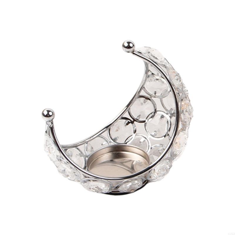 62KD Sparkling Holder with Crystal Adorned Practical Moon Candlesticks Metal Stand Pair for Dining Table