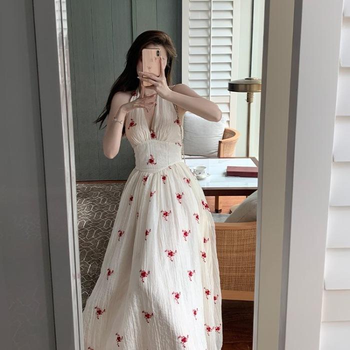 New vacation pure desire dress waist French thin floral temperament summer neck floral skirt S