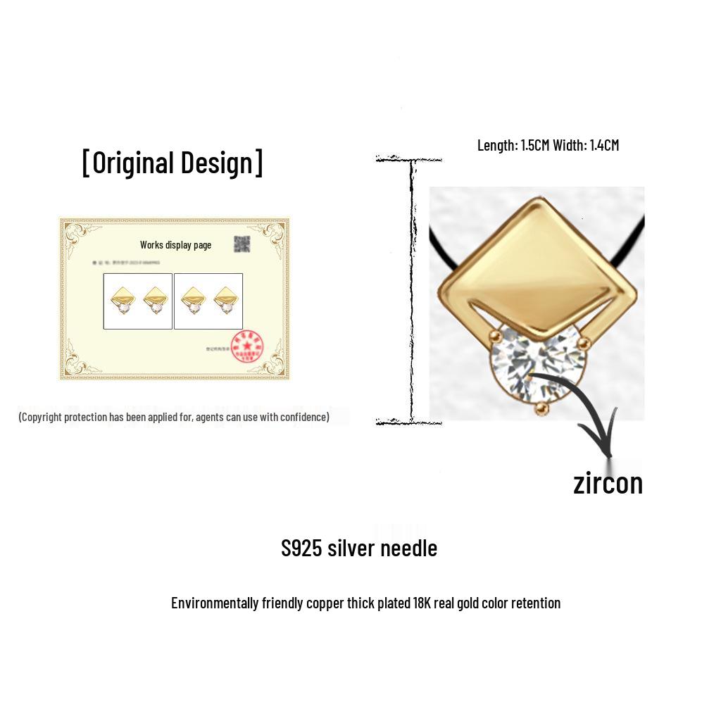 Cercei pătrați geometrici cu zirconiu, placați cu aur de 18K - Stil de designer, lux ușor