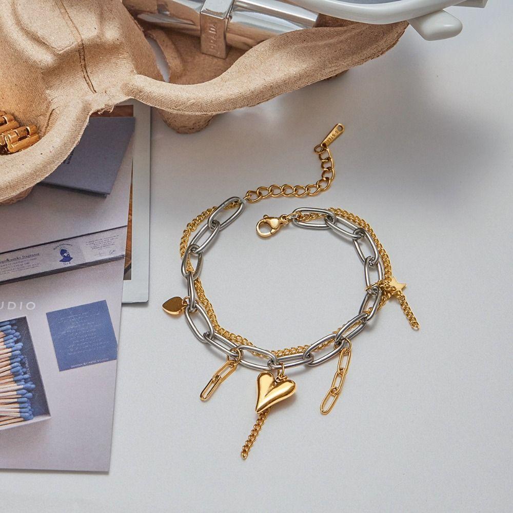 Cuban Chain Heart Charm Bracelet Stainless Steel Layered Bracelet Romantic Jewelry