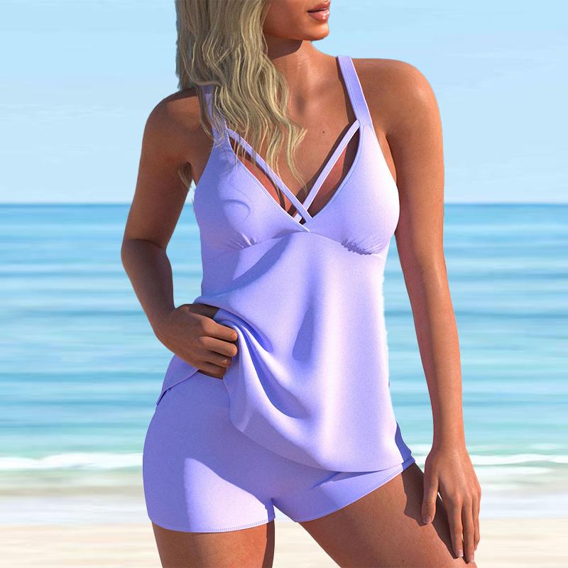Women's Shoulder Strap Swimsuit Solid Purple Print Bikini Tankini Swimsuit