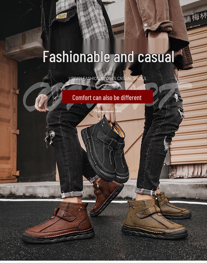 Men's Large Size Handmade Leather Martin Boots - Autumn Mid-top Outdoor Casual Shoes