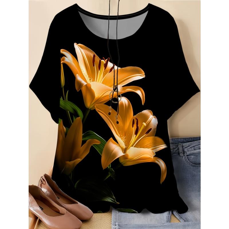 

Large size women s T-shirt with printed pattern, round neck short sleeved summer top with black background realistic yellow lily flower print S