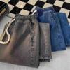 Women's Hong Kong Style Casual Solid Color Wide-Leg Jeans with Elastic Waist and Drawstring Design