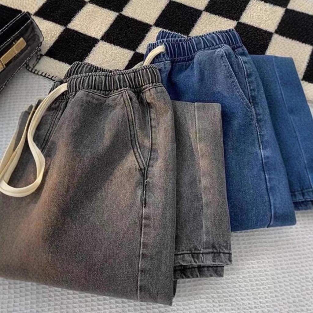 Women's Hong Kong Style Casual Solid Color Wide-Leg Jeans with Elastic Waist and Drawstring Design