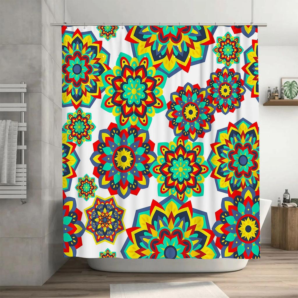 Colorful Boho Mandala Shower Curtain Multicolored Floral Bathroom Decor for Home Living Room Waterproof Fabric with Hook Rings S