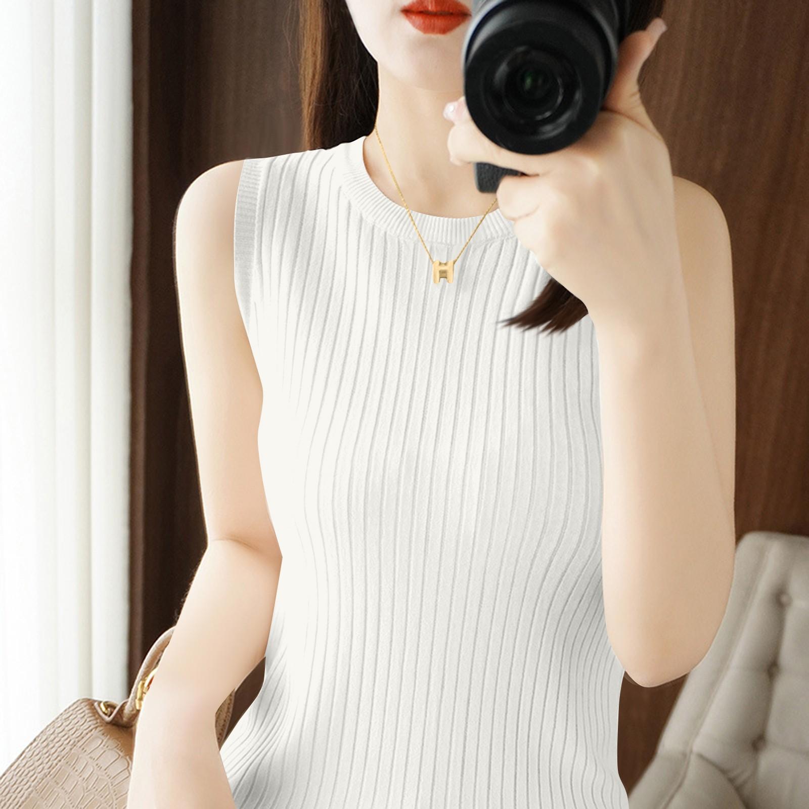 

Модный льняной трикотажный жилет без рукавов с круглым вырезом и тонкой основой для женщин L белый