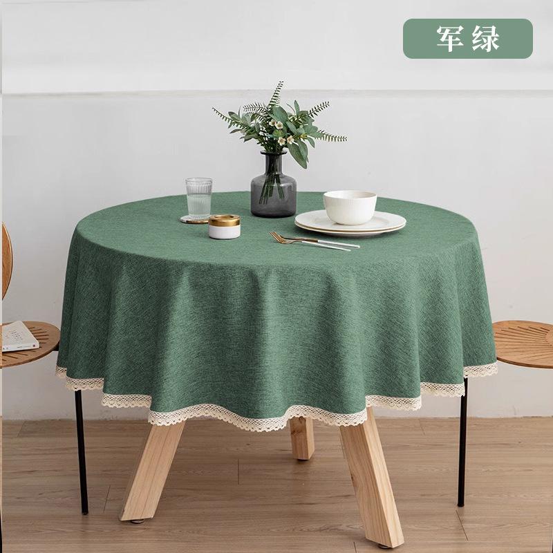 

Round Solid Color Dining Table Cloth French Lace Cotton Linen Waterproof and Oil Proof Hotel Restaurant Tablecloth Decoration Diameter 120cm темно-зелений колір