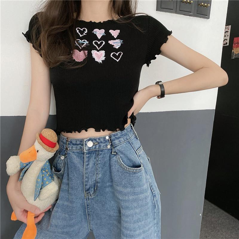 

Сетчатая красная вышивка Love Sweet Wooden Ear Edge Slim Knit Top Женская летняя короткая укороченная футболка с короткими рукавами и высокой талией One size