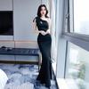 Temperament Single Shoulder Fishtail Dress Women's Waist and Thin Long Bow Design Banquet Evening Dress Celebrity Long Dress