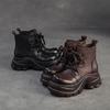 Johnature Round Toe Platform Short Boots Retro Genuine Leather Thick Soled Height Increase Women's Shoes