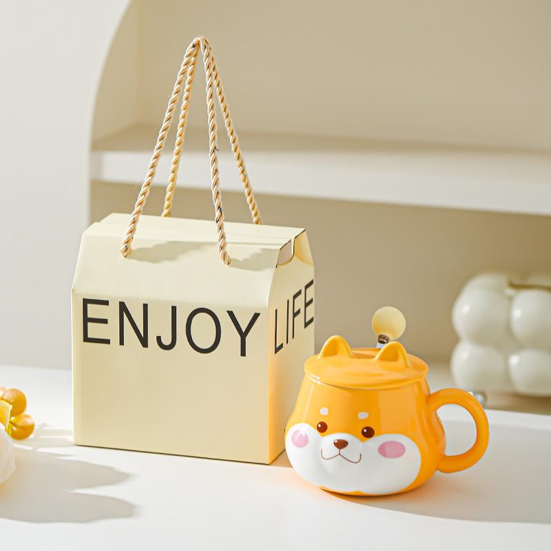 Roztomilý keramický hrnek na vodu Super roztomilý Shiba Inu Kreativní hrnek na vodu s víčkem Vysoký vzhled Narozeninový dárek Pár Domácí kancelářský hrnek