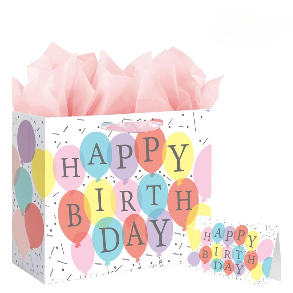 

10 шт. Черный подарочный пакет на день рождения с тишью и поздравительной открыткой. Подарочные пакеты. Средние пакеты для угощений. Включает открытку, ленту, мятую бумагу. 10pcs colourful