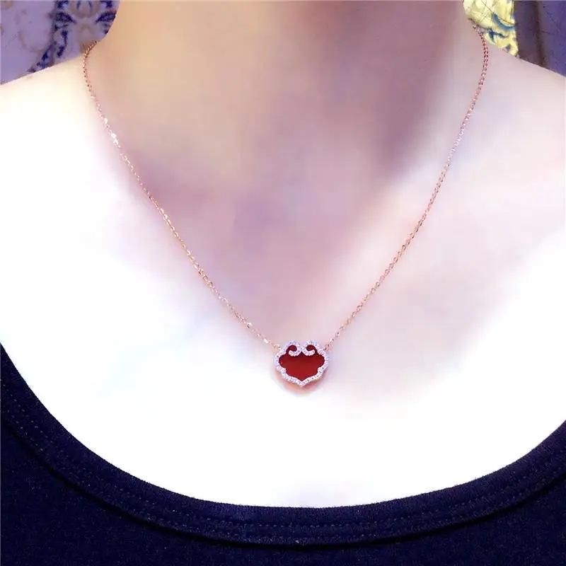 Color Gold Retro Bright Diamond Red Stone Wishful Lock Necklace Plated Rose Gold Pure Purple Gold Light Luxury Set Chain