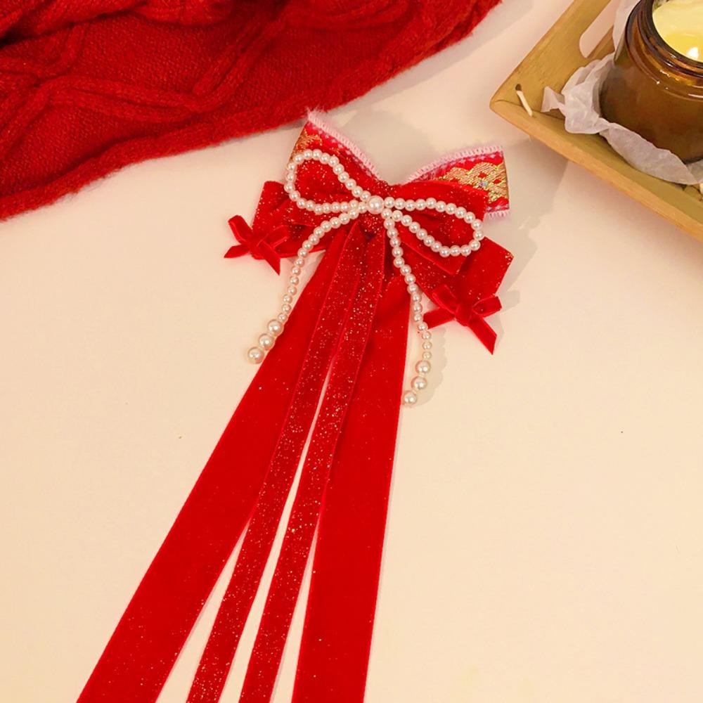 Wig Plush Ball Hairpin Ribbon Princess Forehead Chain Sweet Red Bow Hair Clip Women