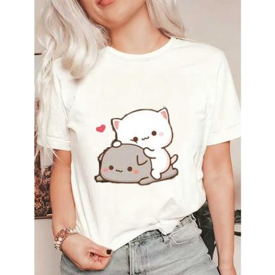 Damen Kurzarm T-Shirt mit niedlichem Cartoon Katze & grauem Haustier Herz Print