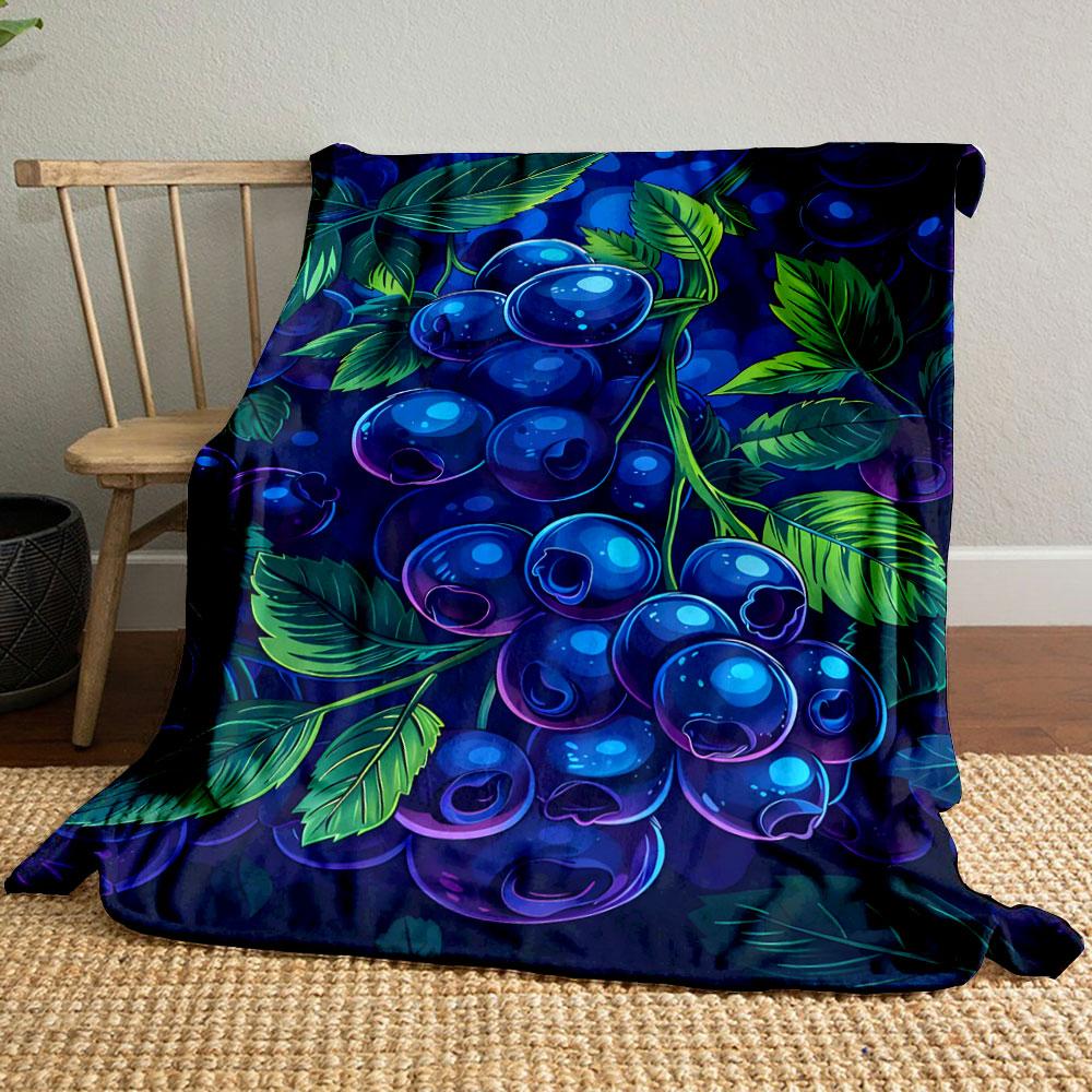 "Vibrant Blueberries with Green Leaves" Patterned Blanket, Flannel, Suitable for All Seasons, Home Decor, Warm and Cozy