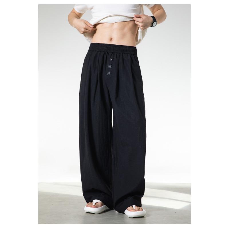 Mens Loose Straight Long Contrast Color Button Front Casual Pants