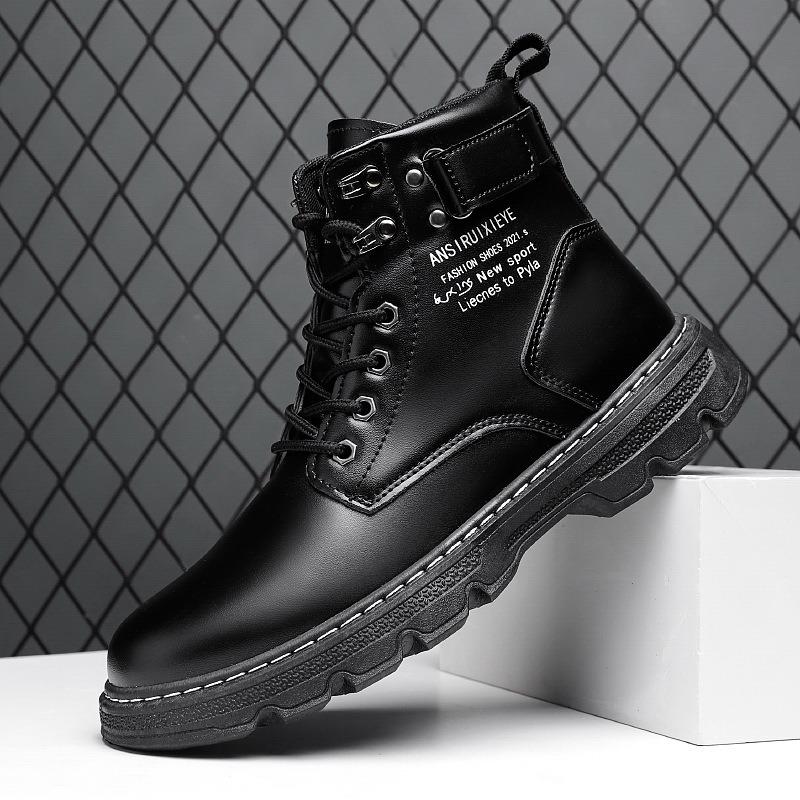Men's Versatile Work Boots, Casual Shoes, Thick Soled Pure Black High Top Boots for Men