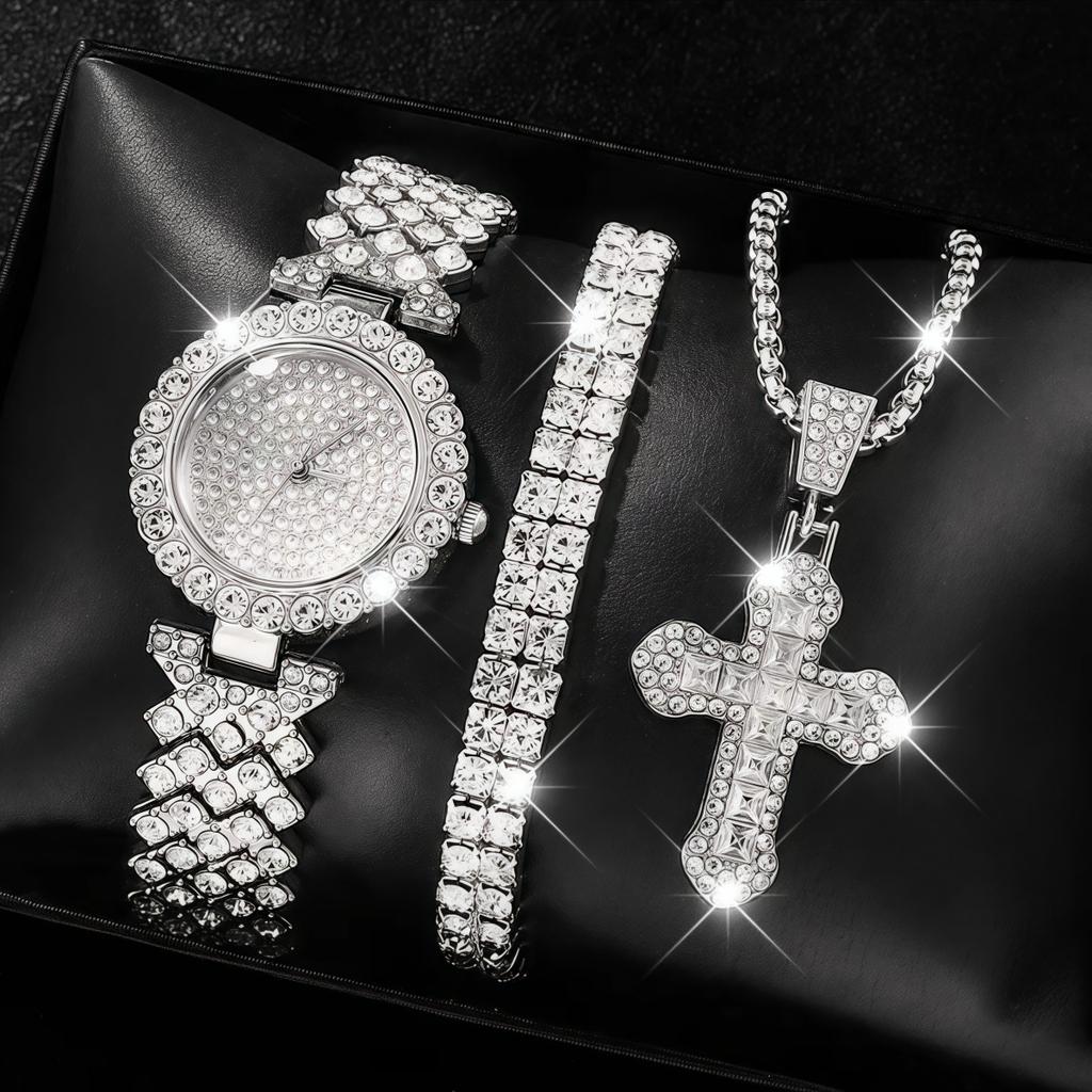 Personlig Kvartsklokke Tilbehørssett Herre Dame Enkel Mote Dobbel Rad Armbånd Kors Klokke