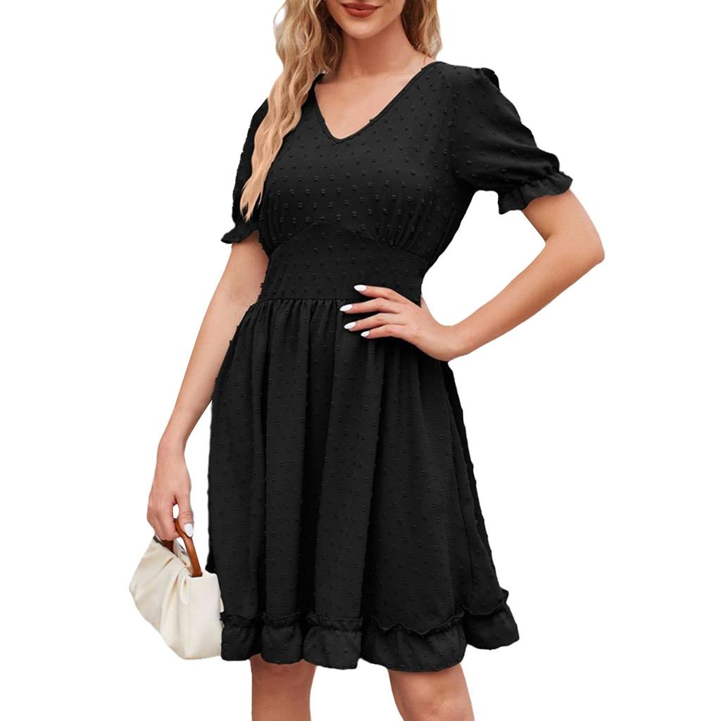Women's Fashion Solid Colour V-Neck Waist Slimming Beach Casual Dresses