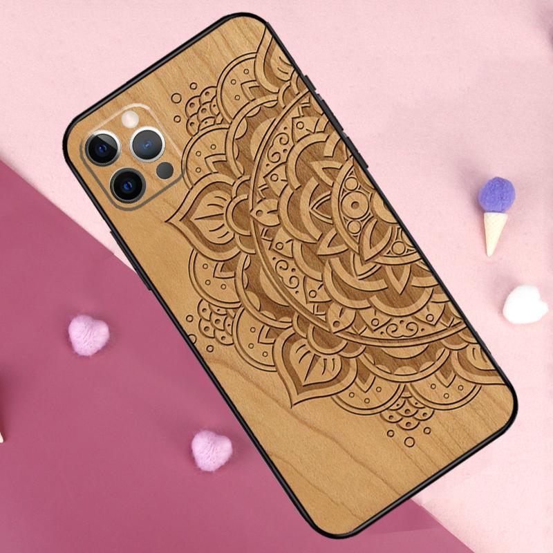 Mandala Floral Wood Phone Case For iPhone 17 Pro Max 11 14 15 16 Pro Max Plus 13 12 Mini 16e 17 Air Back Cover